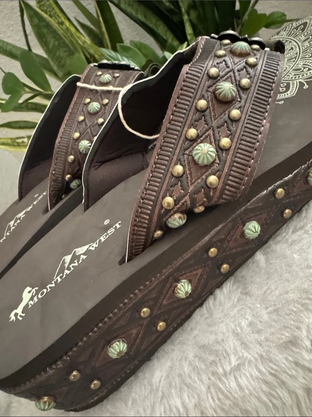 Montana West Brown Wedge Sandal with Metal Embellishments - Size 11